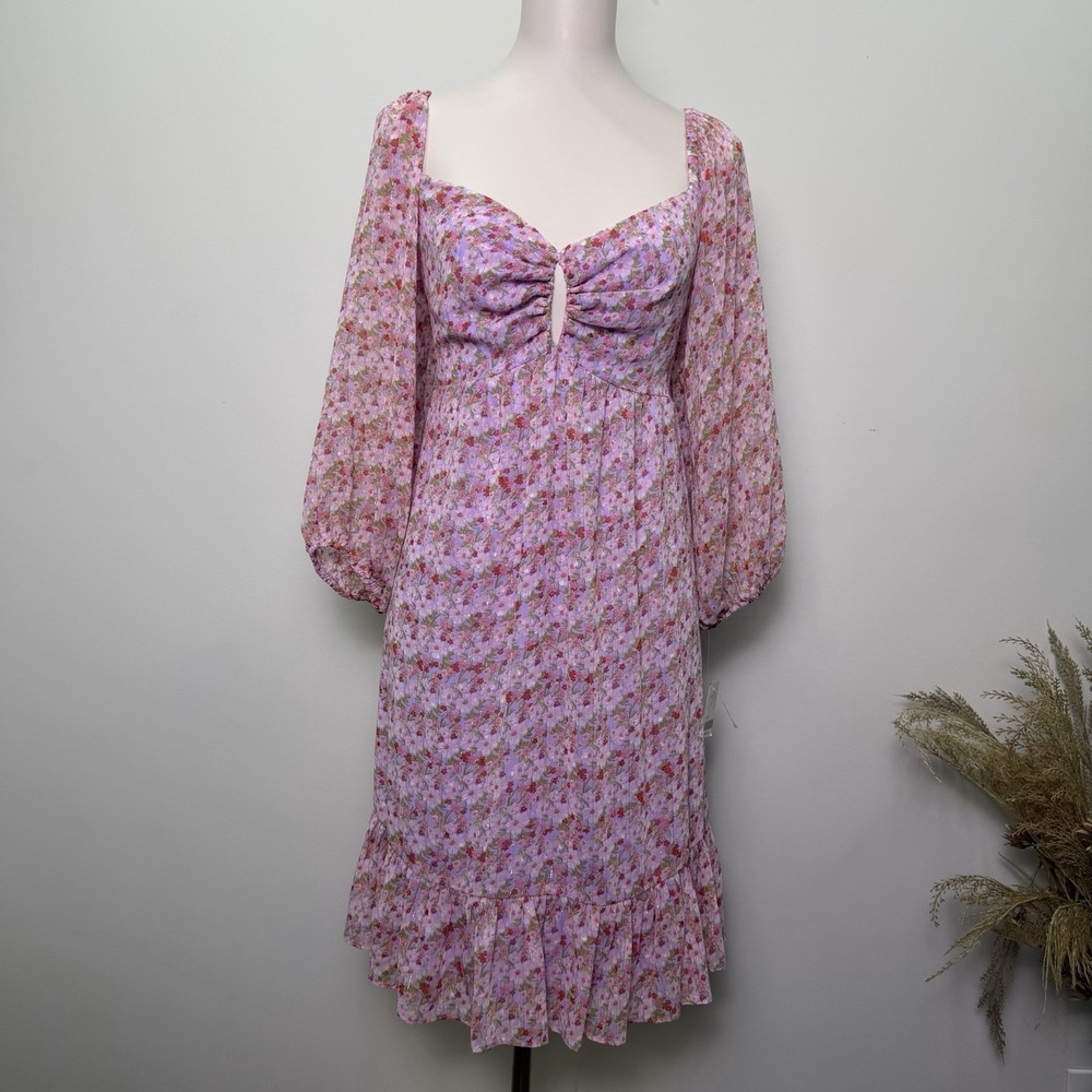 Taylor Size 12 Lavender Floral Metallic Lurex Shimmer Mini Dress Keyhole Neck